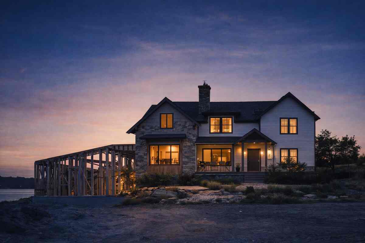 Custom home exterior at dusk